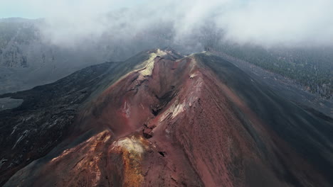 aerial view of extinct tajogaite volcano in la palma under cloudy skies