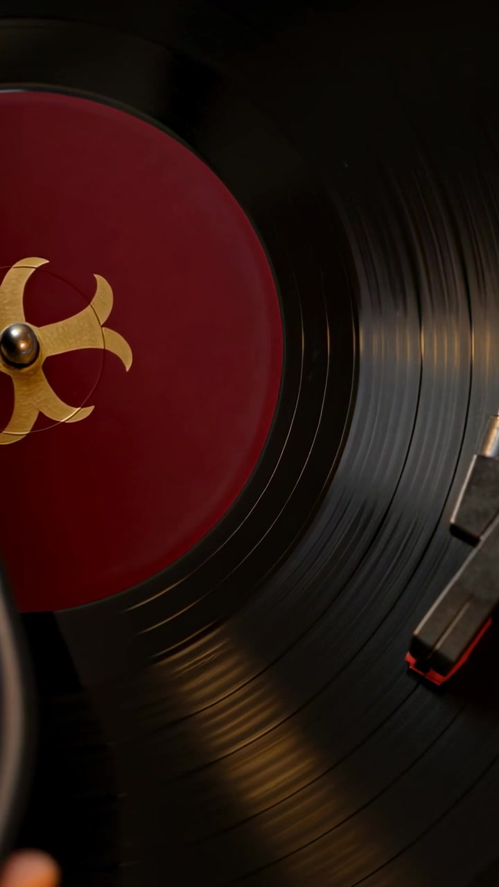 Video verticale: La mano sinistra che pulisce un disco in vinile che gira con un panno sul giradischi, rimuovendo la polvere