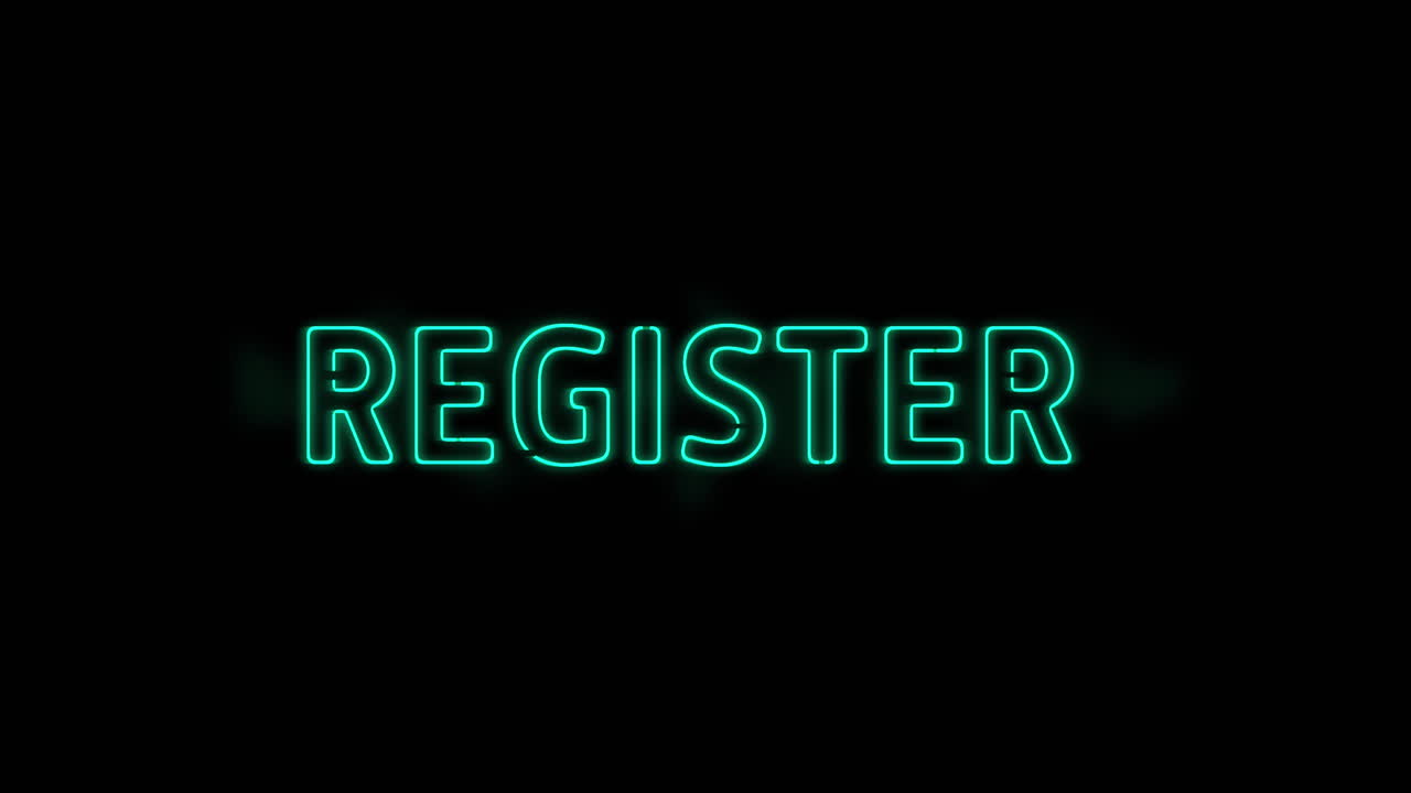 Animation of neon green register text banner blinking against copy space on black background