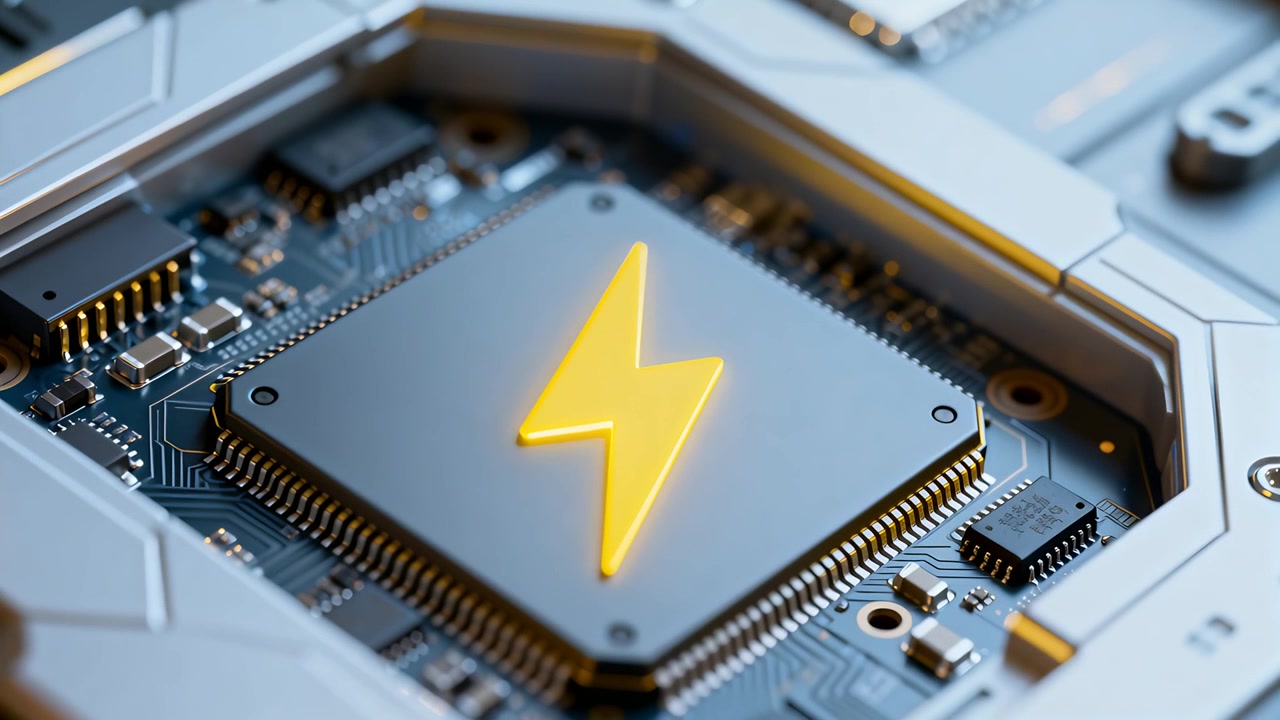 Panning camera revealing square microchip on PCB in metal frame, emphasizing yellow bolt