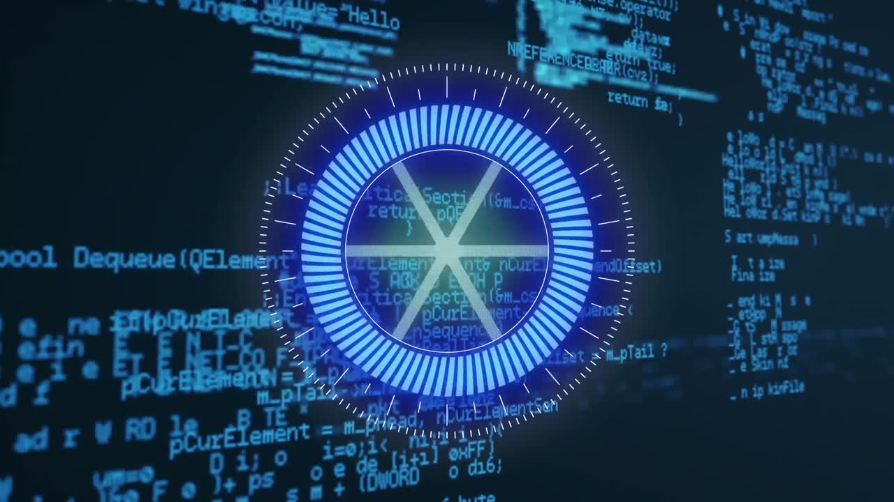 네온 회전 둥근 스캐너의 애니메이션과 파란색 배경에 대한 데이터 처리