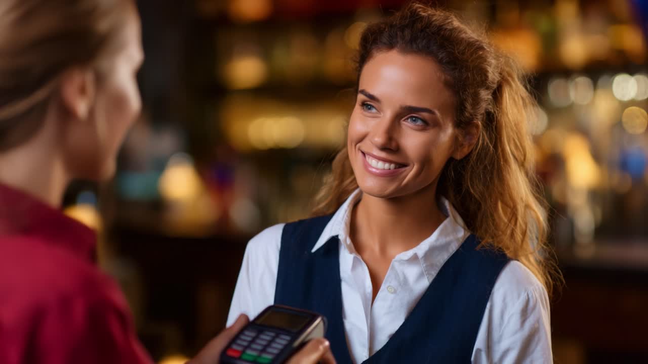 A cheerful interaction at a bar, showcasing a friendly transaction between a customer and a server, emphasizing hospitality and connection in social dining