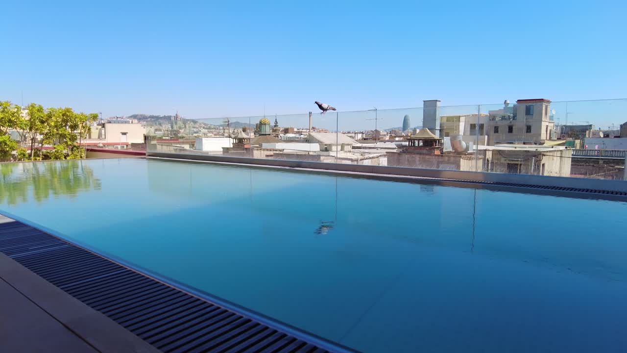 Pool on the roof of a building, panoramic view of Barcelona, Spain
