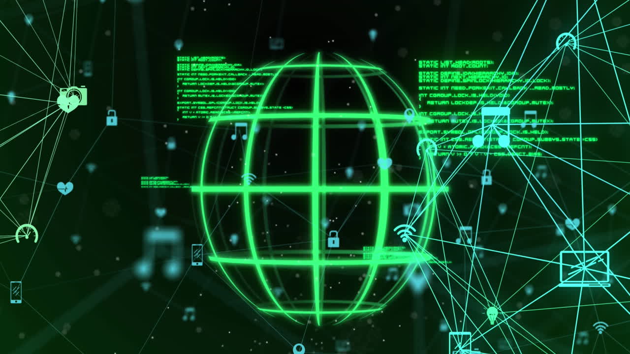 animación de un globo rotativo con iconos de aplicaciones móviles conectadas y lenguaje informático