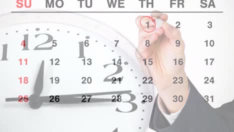 Animation-of-clock-moving-over-calendar-and-caucasian-businessman-on-white-background