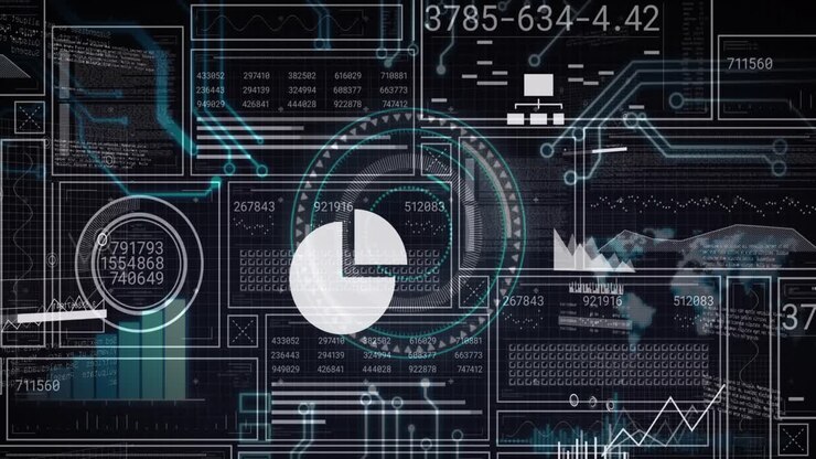Animation of data processing over dark background