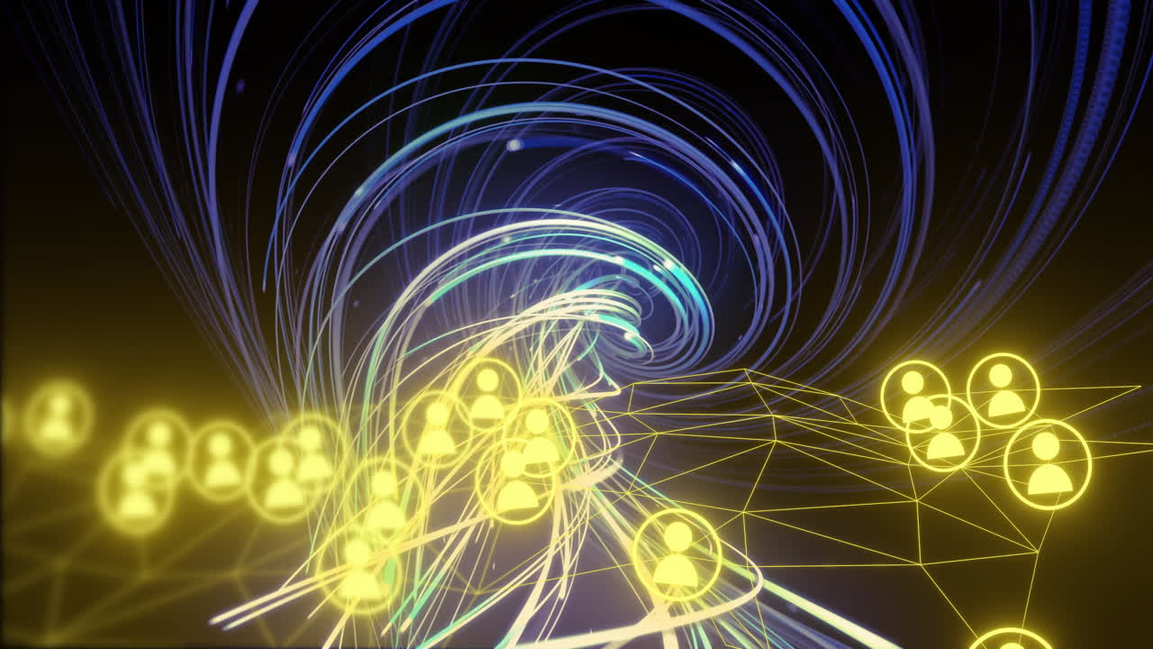Processing data and connecting networks, animation of swirling blue and yellow lines