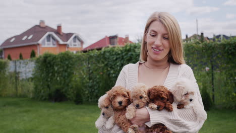 portrait of a happy woman holding five maltipoo puppies in her hands