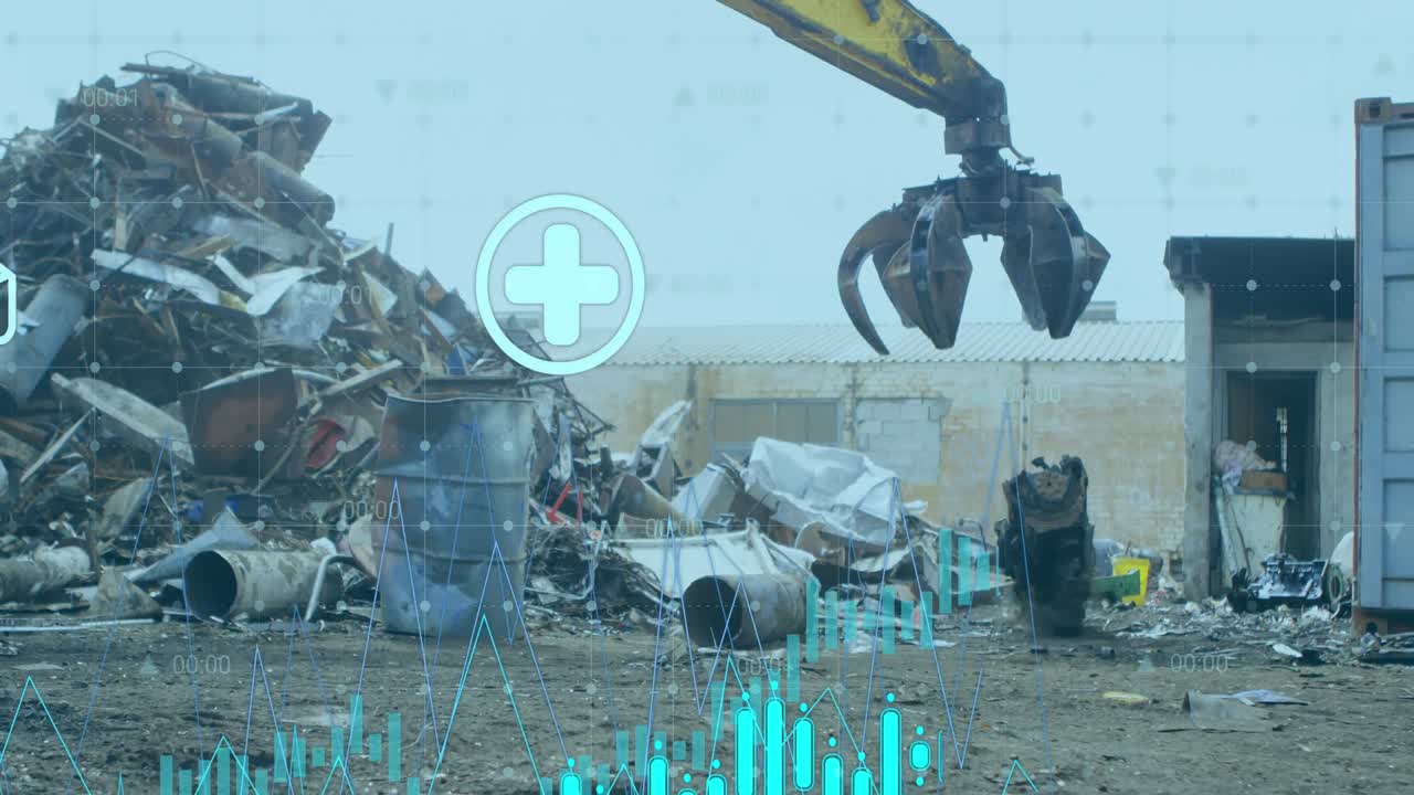 쓰레기 매립장 위의 아이콘으로 금융 데이터 처리의 애니메이션