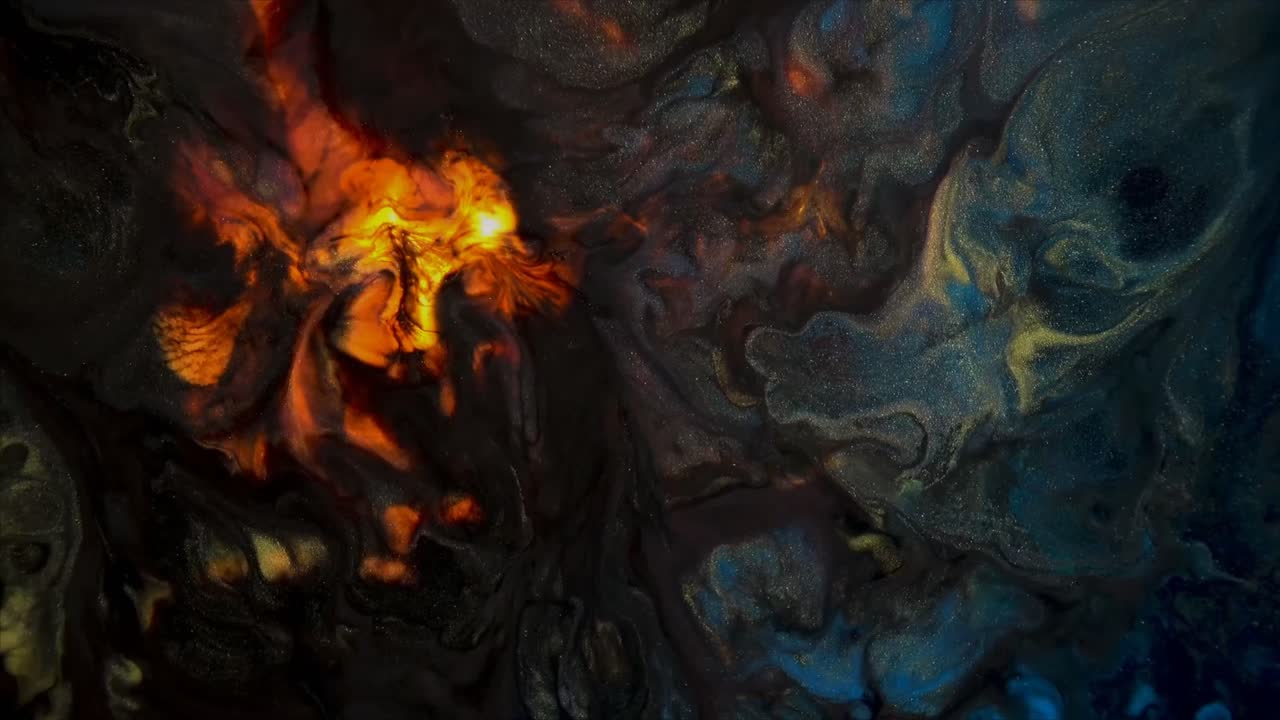 Levendige Abstracte Fluid Art met Vurig Oranje en Donkerblauw