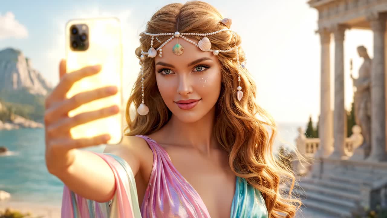 Donna che si fa un selfie con un cerchietto a forma di conchiglia