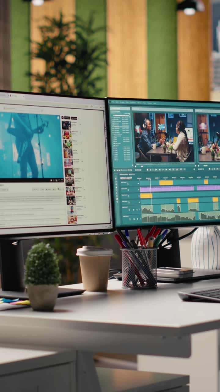 Vertical Video Empty Office With Footage Editing Program And Streaming Platform Dual Monitors
