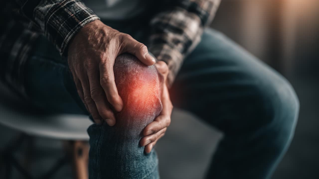 Aging Man Grasping Knee in Pain: Highlighting the Challenges of Joint Discomfort and the Impact on Everyday Life in a Softly Lit Environment