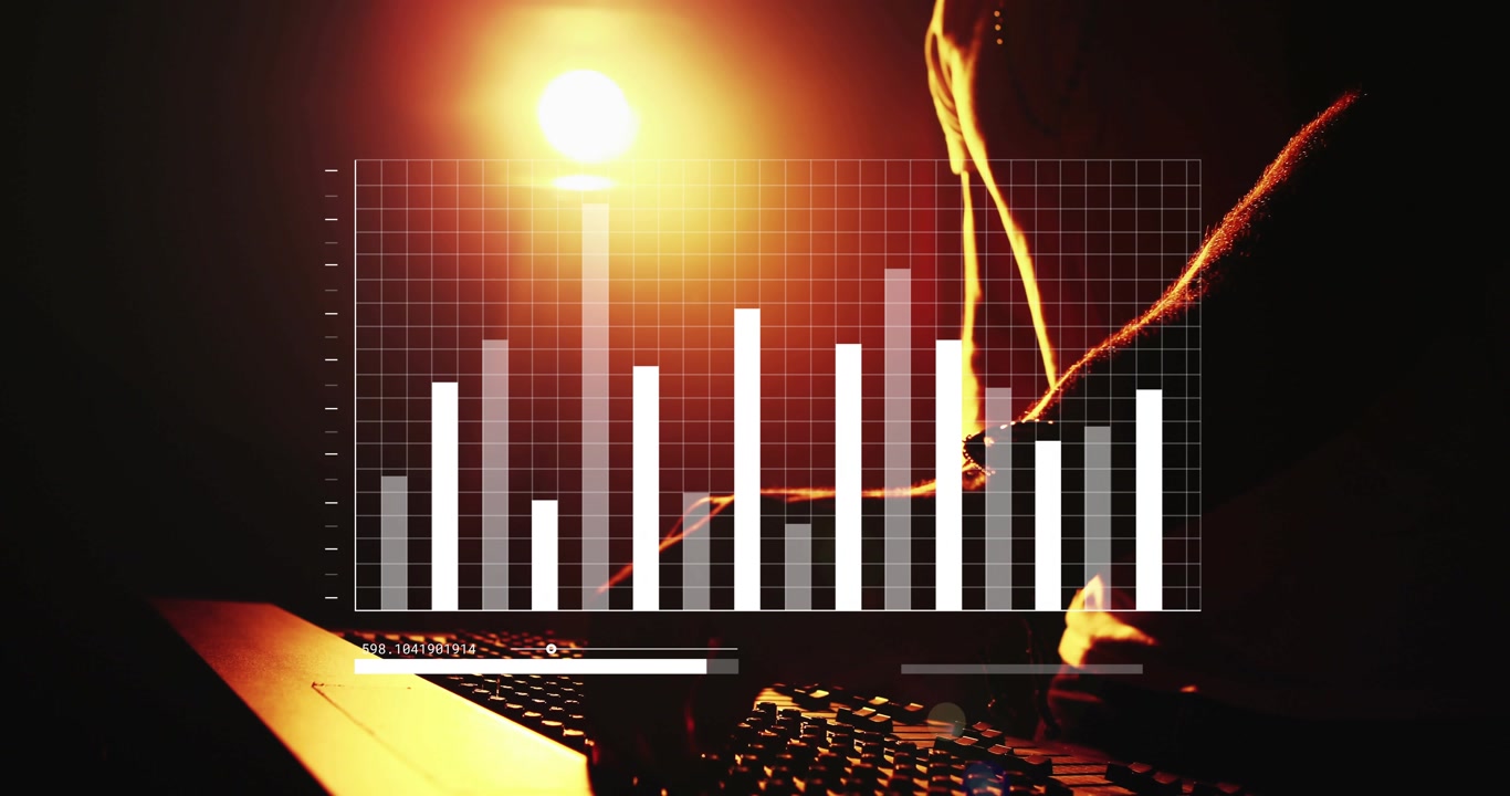 Male DJ reaching across console tweaking knobs and faders, animating HUD bar graph during live set