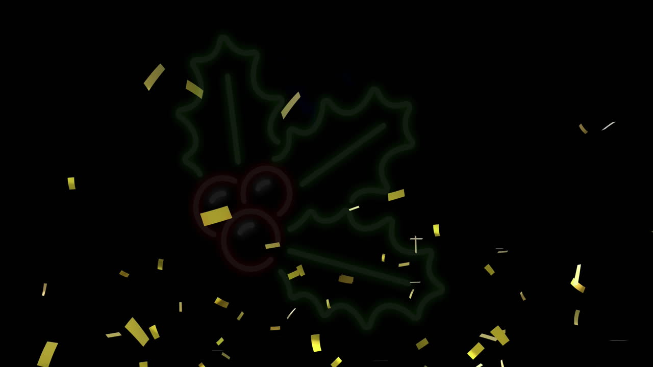 Animazione di coriandoli dorati che cadono su un'icona di vischio al neon su sfondo nero