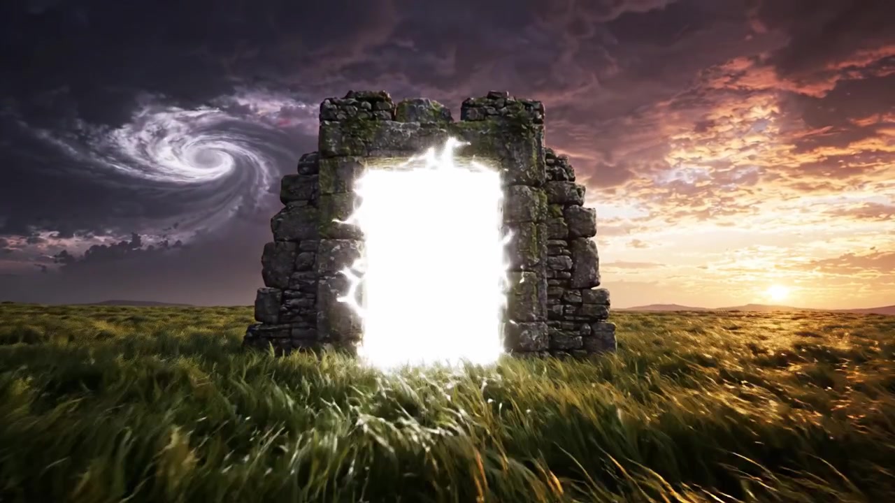 Um Portal Misterioso Cercado pela Natureza Revela uma Luz Brilhante em Meio a Céus Dramáticos e Nuvens Rodopiantes, Convidando à Exploração Além de Sua Moldura.