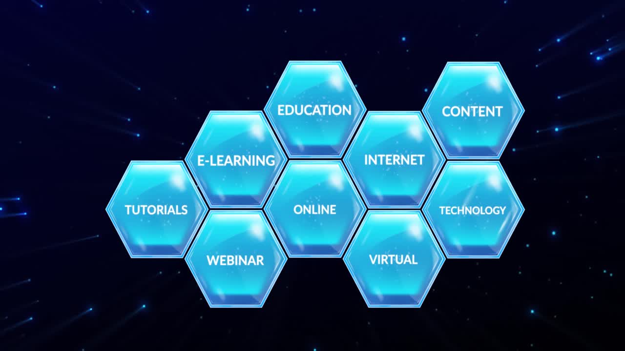 Animation of education and learning text on blue hexagons over stars on blue background