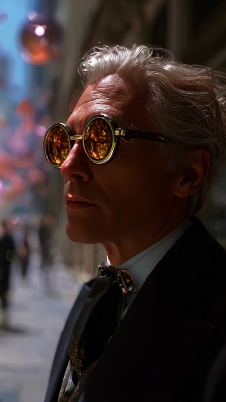 Una persona elegante con occhiali da sole unici è pensierosa in un vivace paesaggio urbano, mostrando stile e sicurezza tra elementi moderni