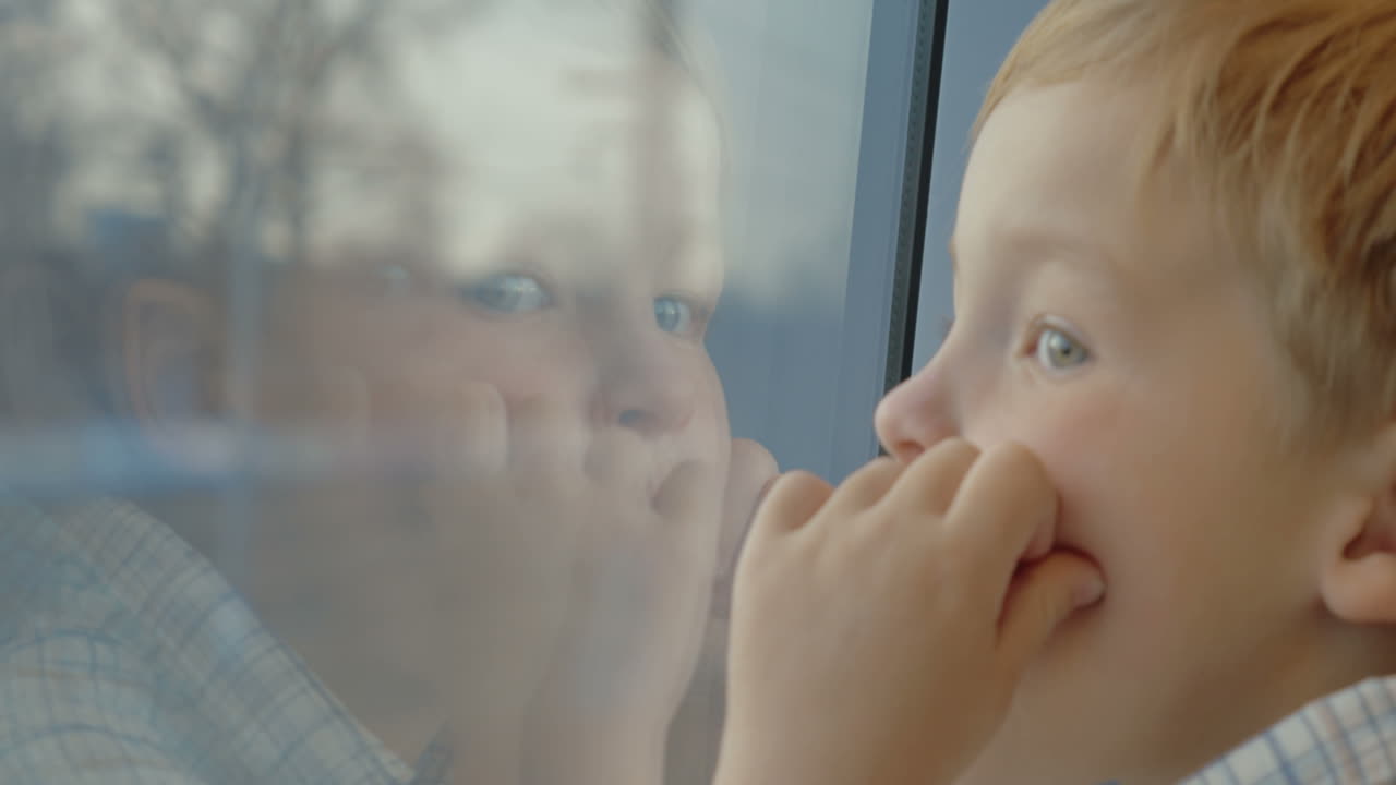 Little child enjoying view from the train window