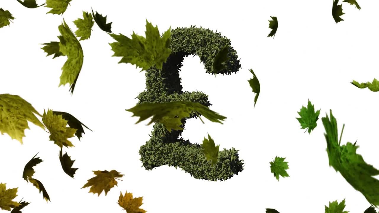 Animazione di foglie che cadono su simbolo verde della sterlina britannica su sfondo bianco.
