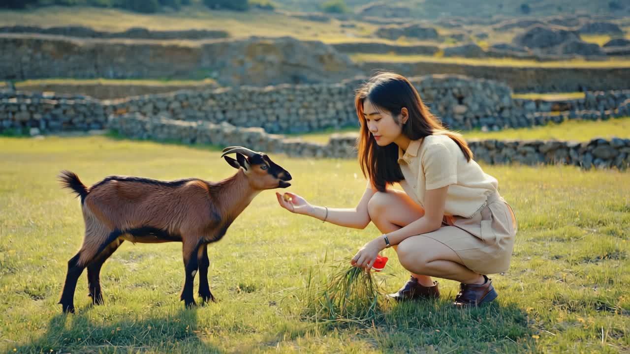 Woman feeding a goat in a field