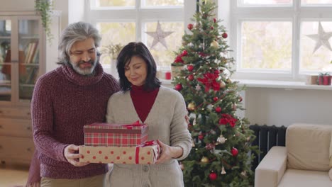 couple looks at the camera and smiles while holding christmas presents