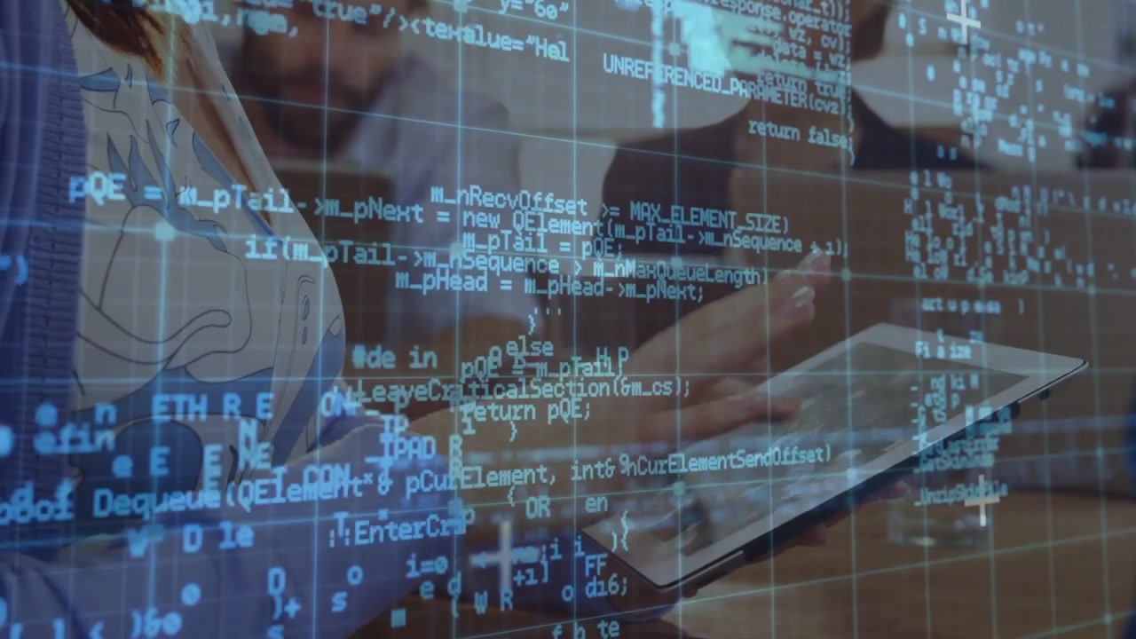 Female developer tapping tablet, making blue code grid scroll for review while colleague gesturing