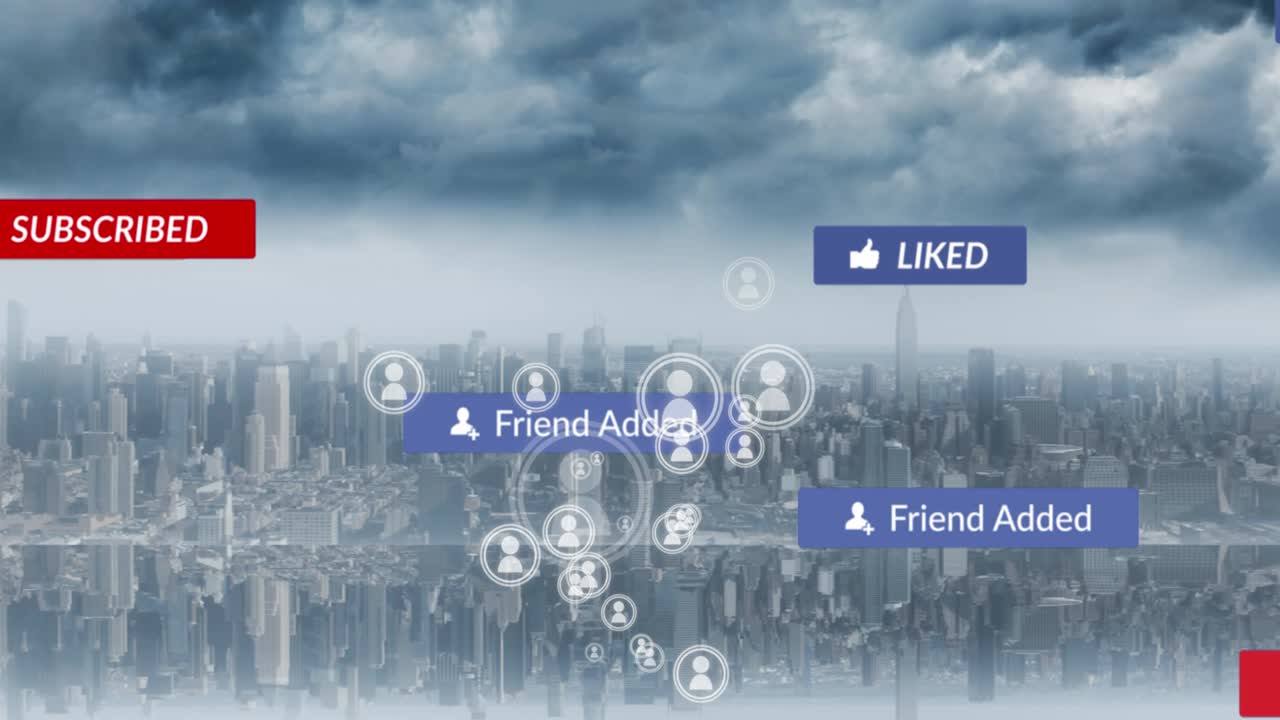 도시 풍경 위에 떨어지는 소셜 미디어 아이콘과 이모티콘의 애니메이션