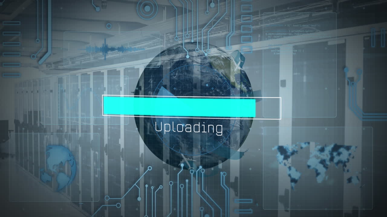 Animation of interface with data processing over spinning globe against computer server room