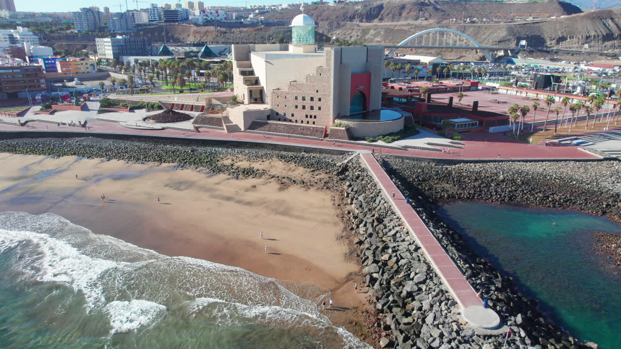 Sunny Panorama of Alfredo Kraus Auditorium and Las Canteras Beach in Las Palmas de Gran Canaria.
