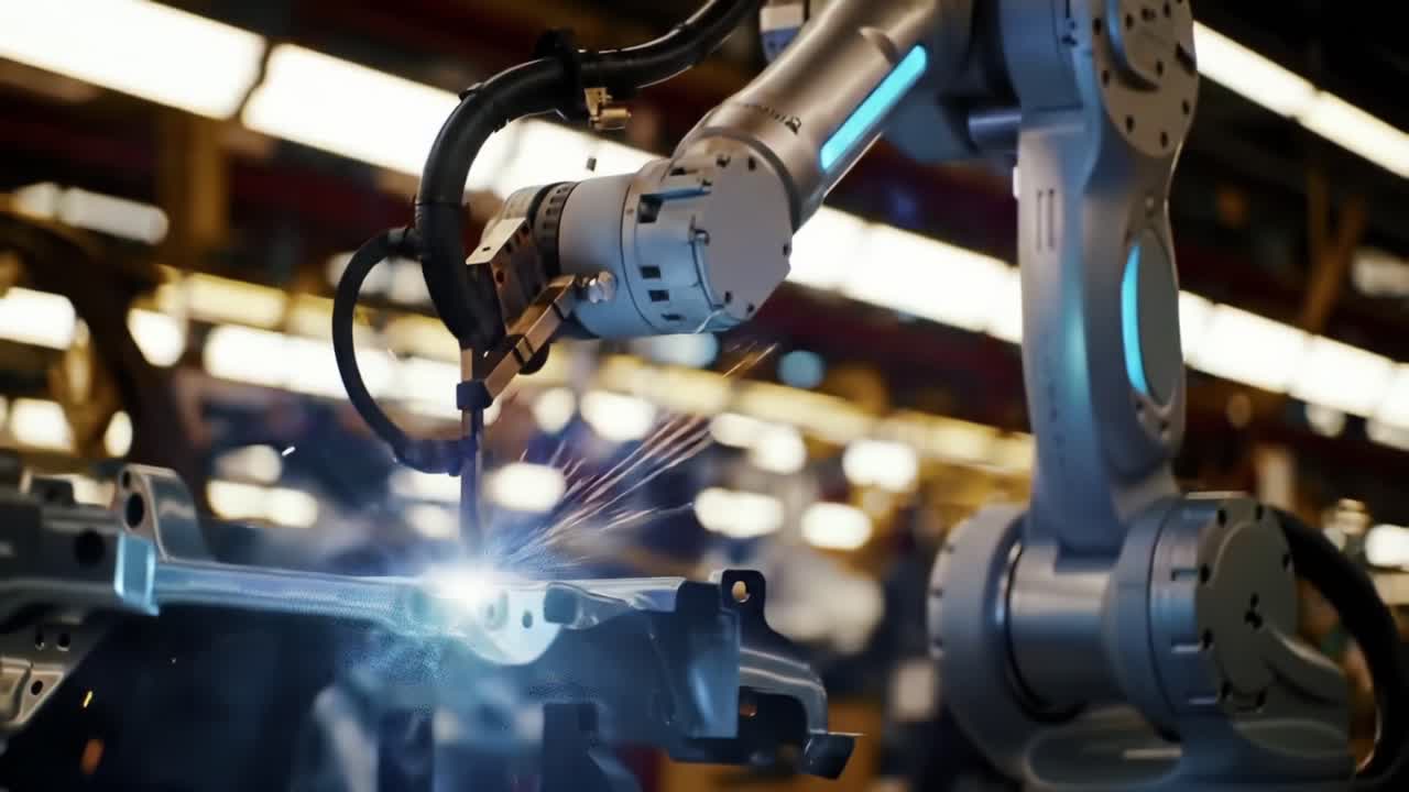 Advanced Robotic Arm in Action: Precision Welding Process and Spark Production in an Industrial Manufacturing Environment
