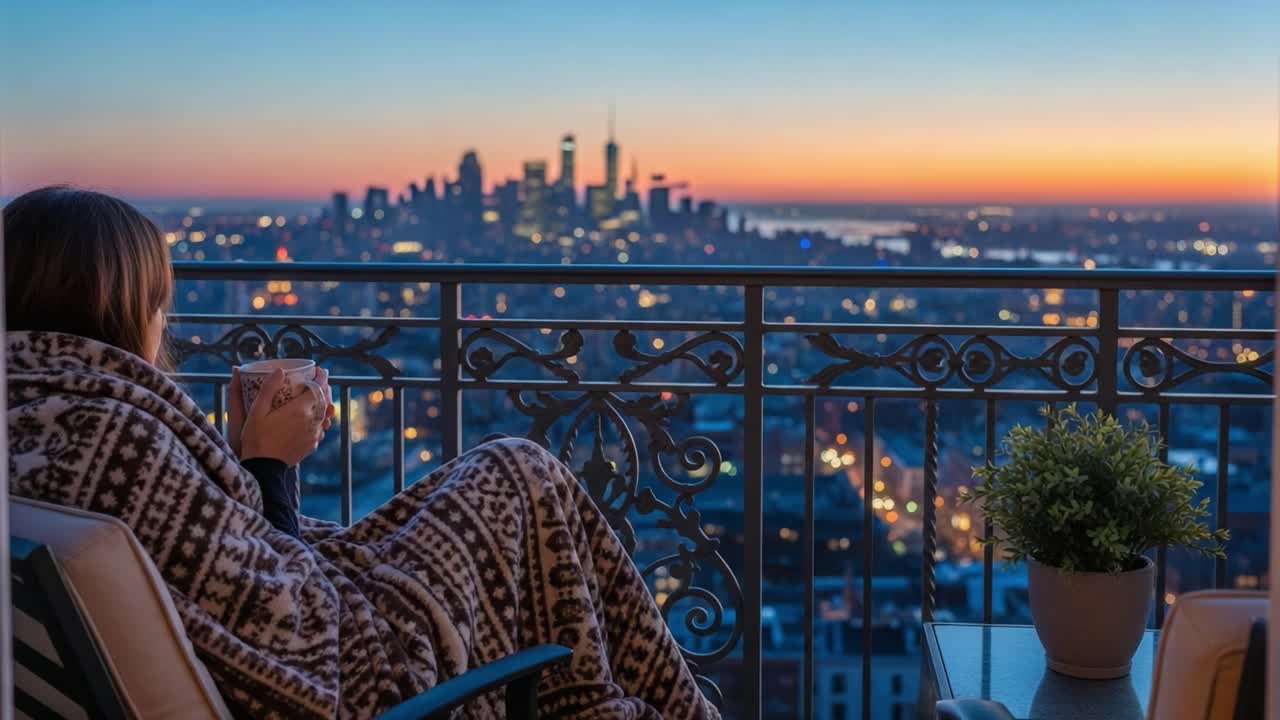 A Serene Evening on the Balcony: Enjoying a Cozy Drink While Watching the Sunset Over a City Skyline