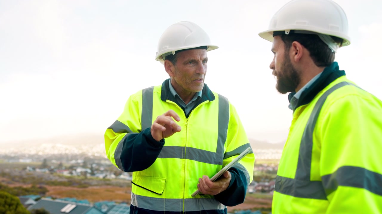 Two Construction Engineers Discussing Project Plans Outdoors