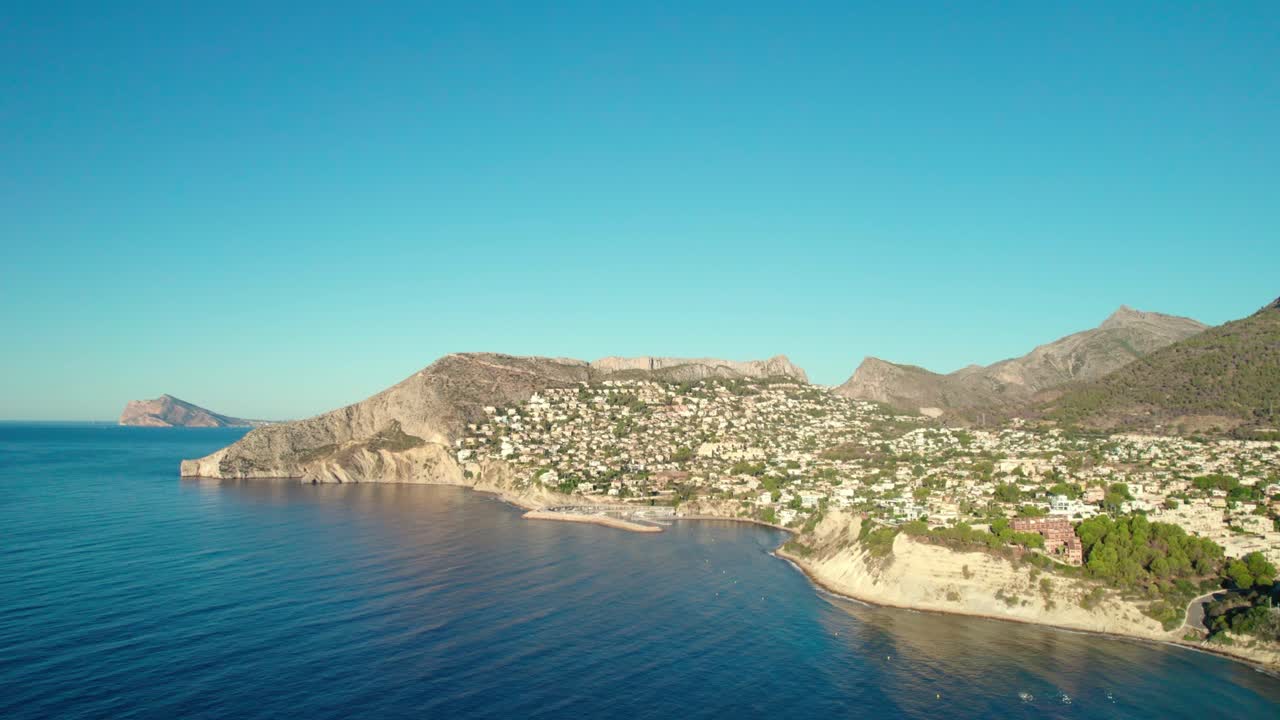 Panorama Of Calpe Coastal Resort Town On The Costa Blanca In The Alicante Province Of Spain. Aerial Shot