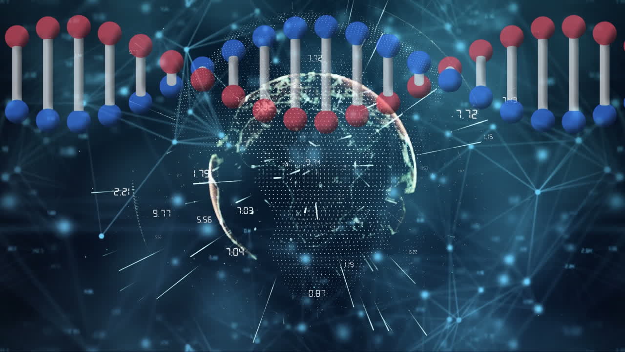 dna, 글로브 및 연결을 가진 디지털 화면의 애니메이션