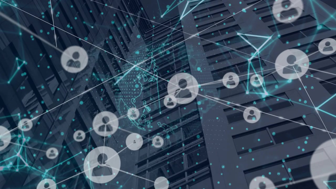 Network visualizing user icons connecting by glowing teal lines and nodes over high-rise facade