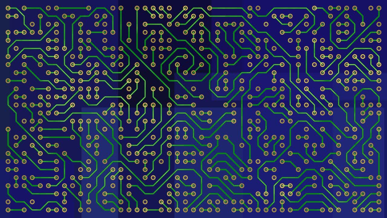 Circuit board loopable abstract technology background featuring a green trace pattern and connection pads over a deep blue digital surface