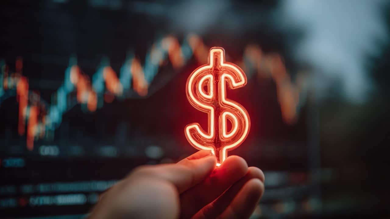 Una vista ravvicinata di un simbolo del dollaro luminoso con grafici finanziari sullo sfondo, a simboleggiare la crescita economica e le tendenze di mercato in un ambiente dinamico.