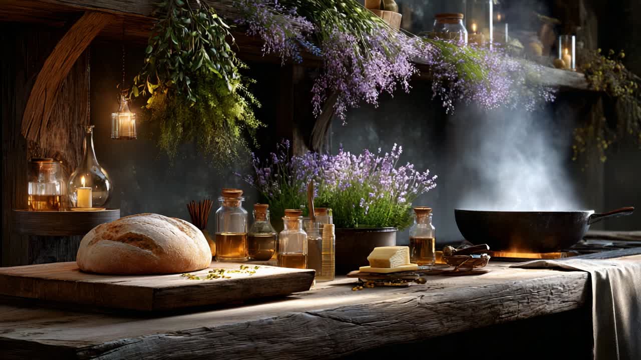 A Rustic Kitchen Scene Featuring Freshly Baked Bread Surrounded by Herbs, Bottles, and Cooking Utensils, Capturing the Essence of Natural Ingredients and Home-Cooked Meals in a Warm Atmosphere