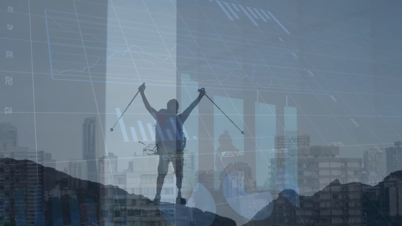 animación del procesamiento de datos financieros sobre el excursionista caucásico y el paisaje urbano