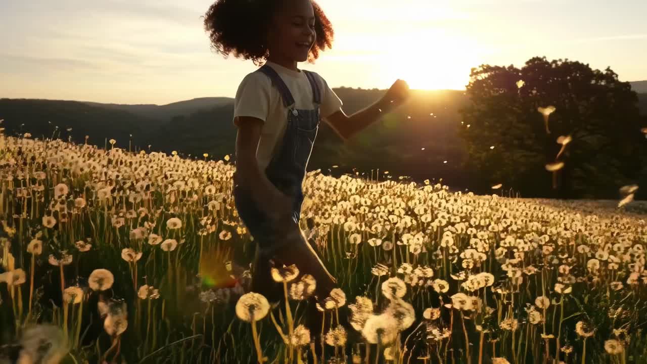 Joyful child running through dandelion field at sunset, captured in a wide-angle video shot