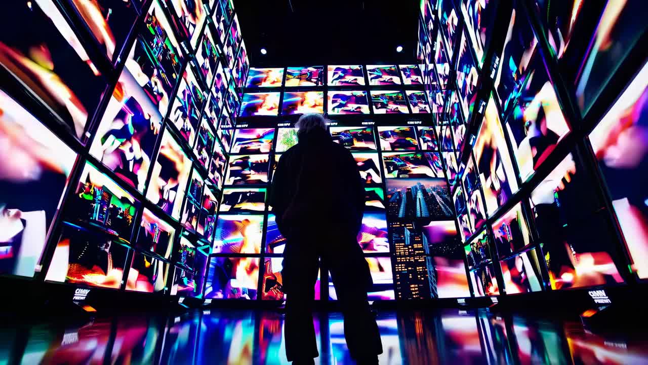 A silhouette stands amidst towering video screens displaying vibrant images