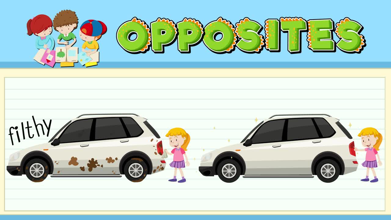 A playful animation illustrating the transformation of a car from filthy to spotless, highlighting opposites with vibrant colors and simple design