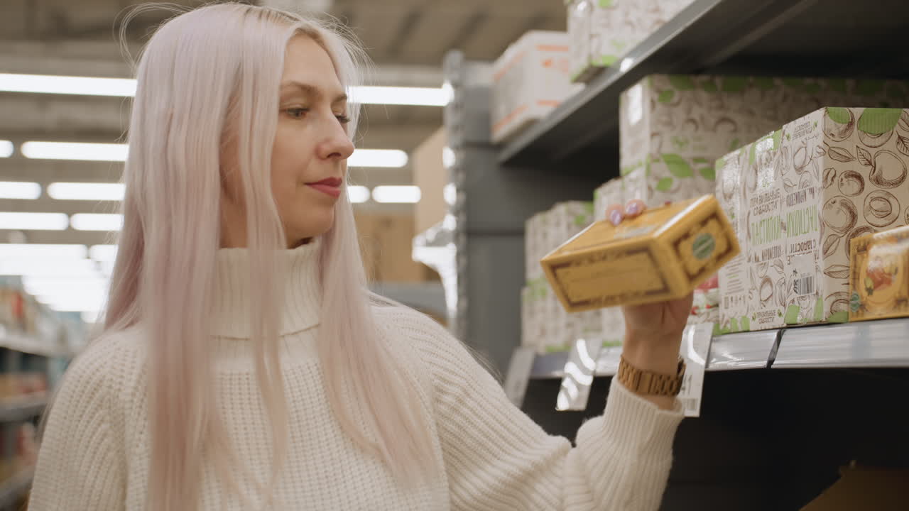 Housewife with platinum hair strolls grocery aisle, lifts boxed vegan soap from shelf, studies price label, weighing household budget, warm lights reflecting off stacked cartons