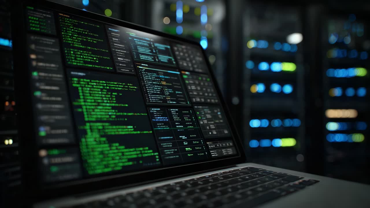 Exploring Advanced Data Metrics and Analytics Through High-Tech Displays in Server Room Environment with Focus on Computer Screen Coding Interfaces