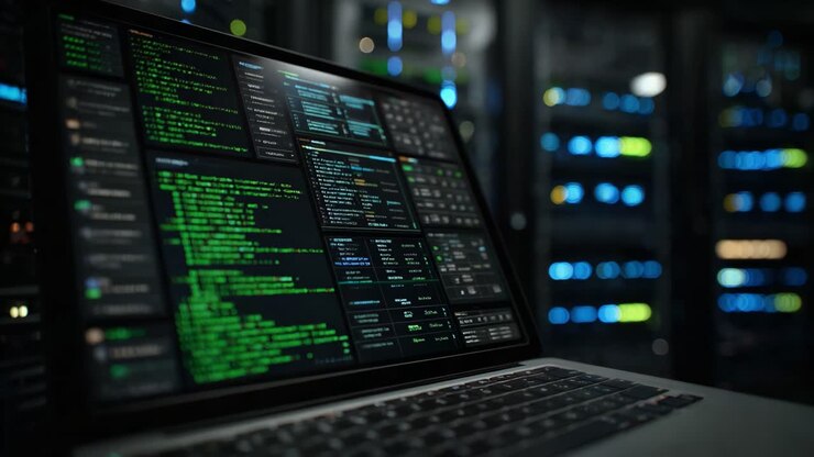 Erforschung fortschrittlicher Datenmetriken und Analysen mittels Hightech-Displays in einer Serverraumumgebung, mit Fokus auf Programmieroberflächen auf Computerbildschirmen.