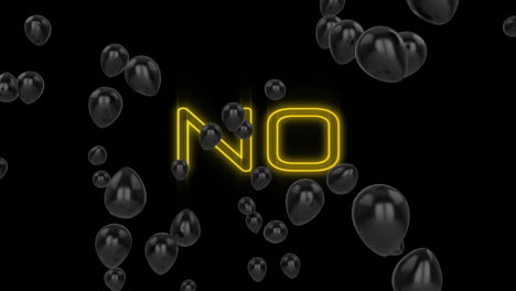 animation of text no, in yellow neon with black balloons on black background