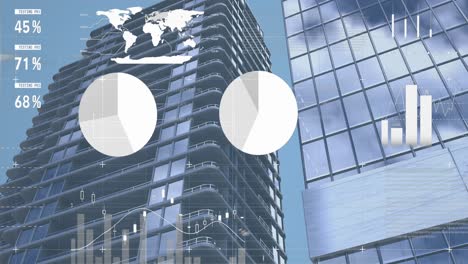 animation of financial data processing over modern buildings