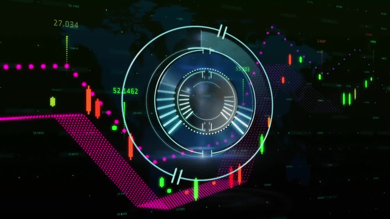 검은 바탕의 다채로운 그래프에 데이터 처리와 함께 회전하는 안전 잠금의 애니메이션