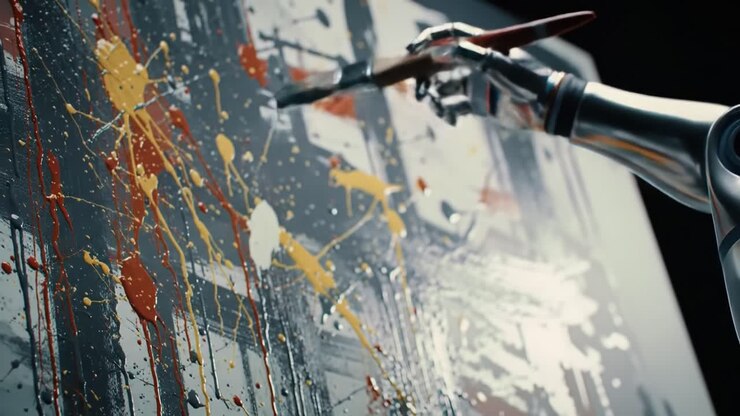 A robotic arm skillfully paints vibrant abstract designs on a canvas in a contemporary art studio. The scene captures the intricate movements and splashes of color from the brush.